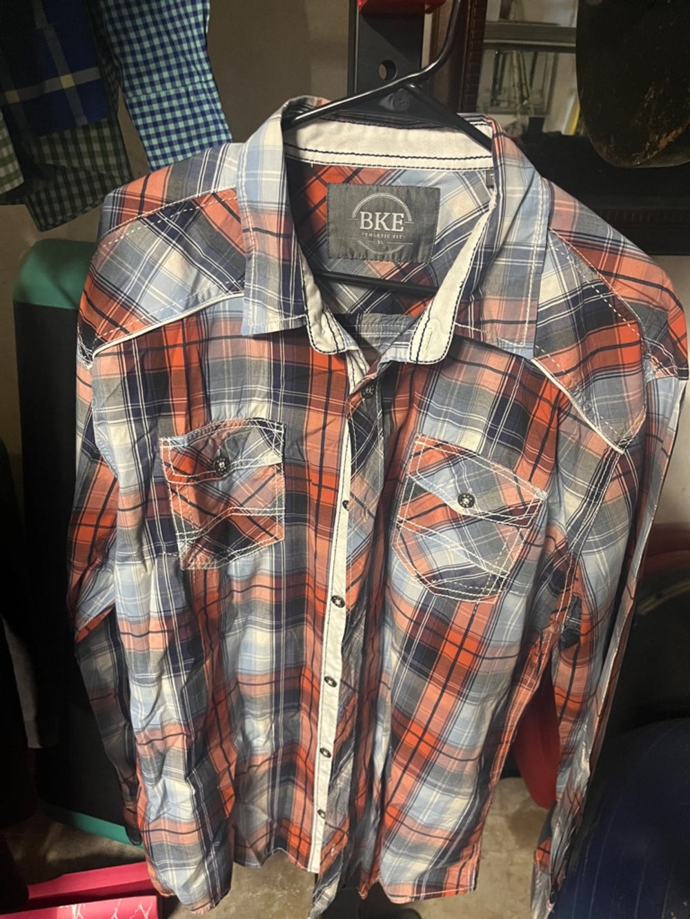 BKE Men’s Orange, Blue & White Plaid Button-Down Shirt